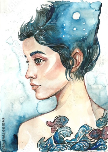 Watercolor portrait of a woman on a blue background, hand-painted