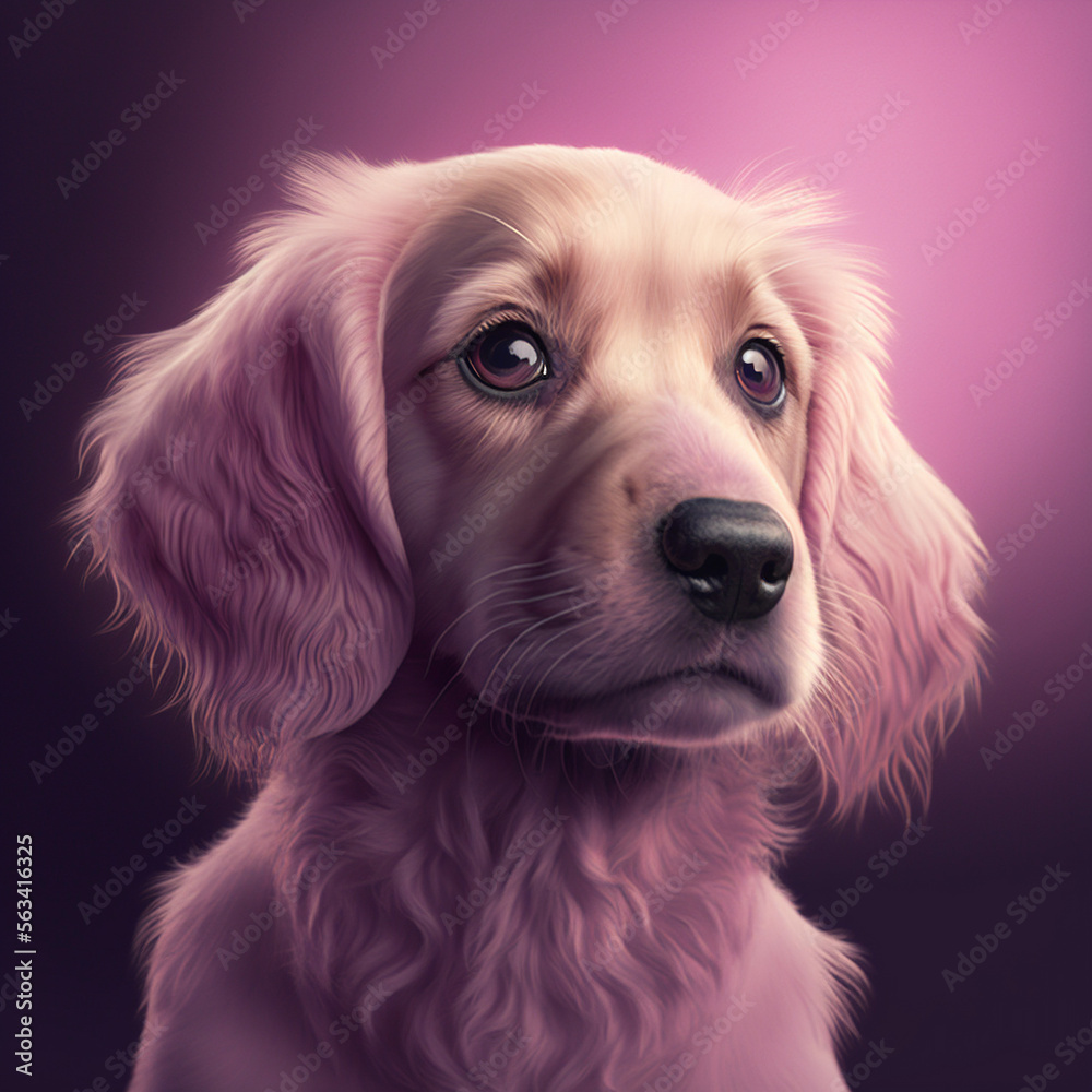 Cute dog, pink/purple background.