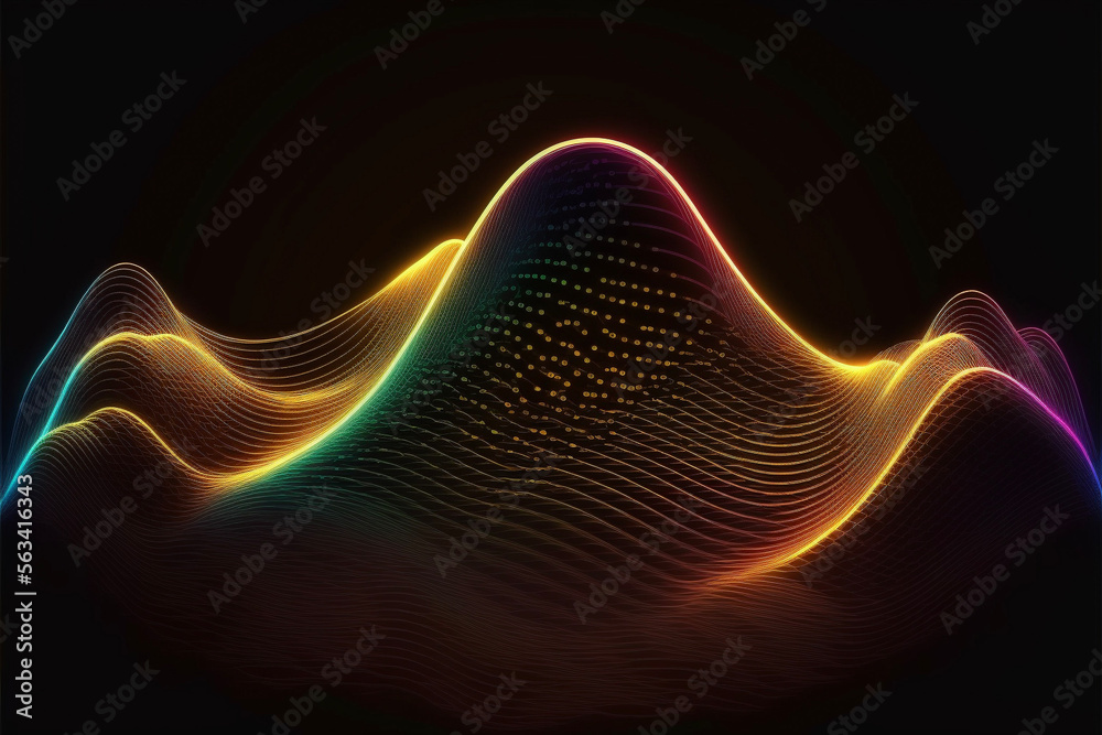 Colorful Neon Wavy Grid Tech Lines on Black Background Generative AI
