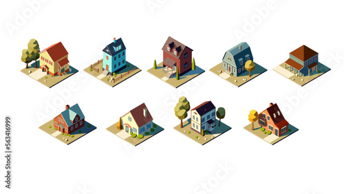 Isometric houses set. Home with yard.