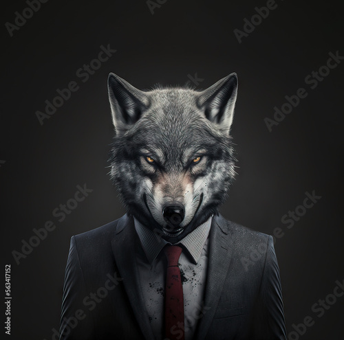 Fotobehang Aggressive wolf in an expensive grey business suit, staring forward with yellow eyes and muzzle curled up, on a dark background