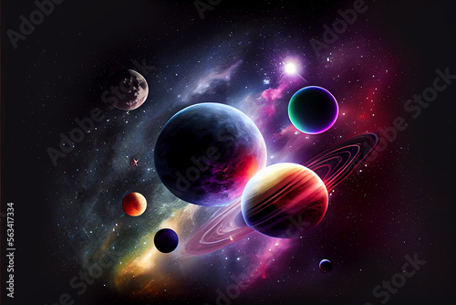 Space scene with planets, stars and galaxies. Panorama. Horizontal view. Deep space art with nebulas and stars.