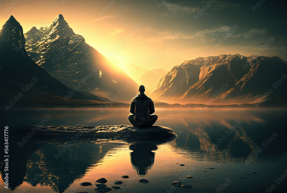 Man meditating by lake and mountains at sunrise by generative AI