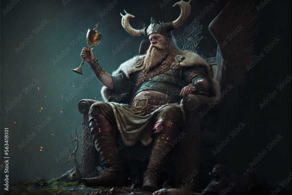 Plakat w ramie Viking sitting on a throne holding a chalice. Medieval