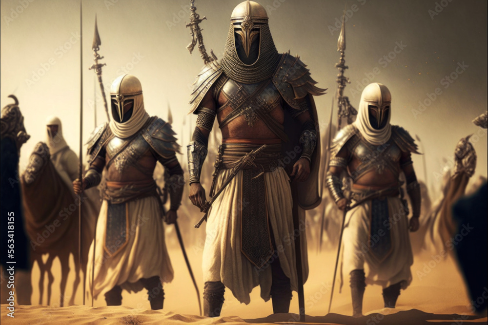 Ancient Muslim soldiers on campaign. Medieval Islamic army warriors