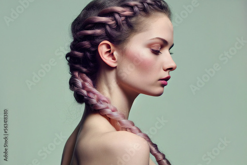 Portrait of young beautiful woman with braids. Digitally AI generated image.	
