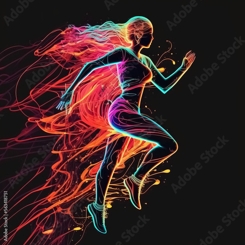 Running, active body movement, dance, neon-lit line art illustration, created with generative AI technology. © coloradore
