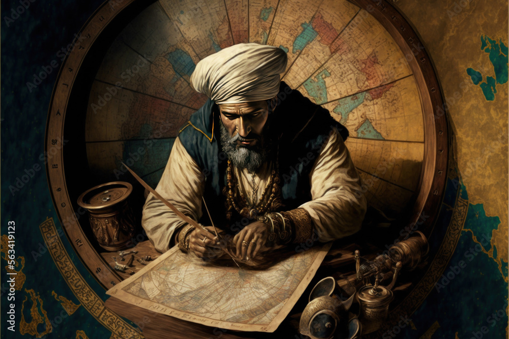 Muslim explorer Ahmad ibn Majid sailing on a ship with a compass and