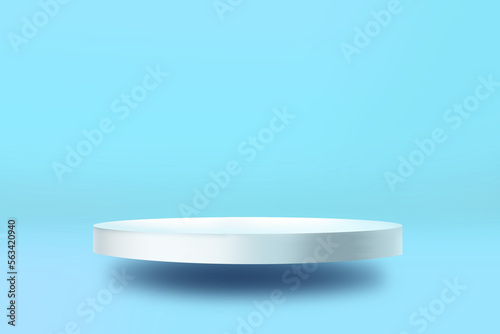 White cylindrical podium on a blue background for the presentation of cosmetics. Mockup for the presentation of goods.