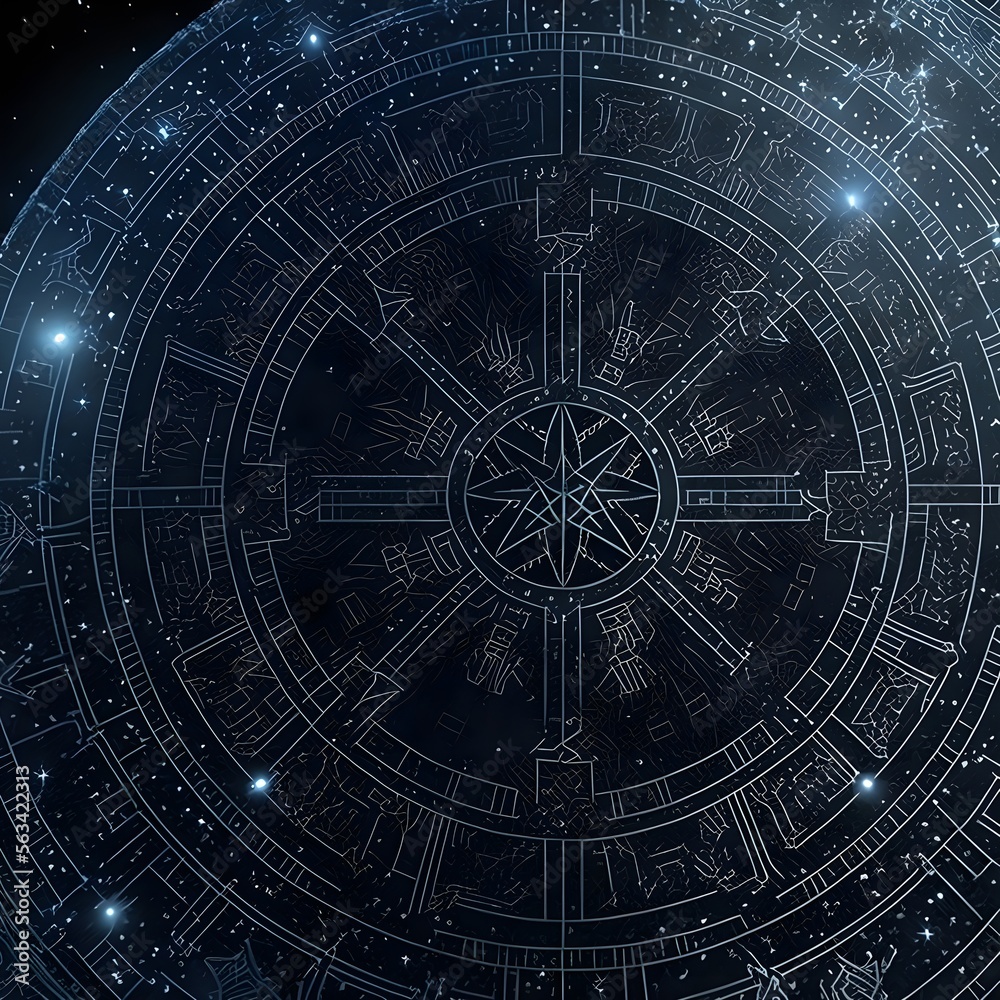 The shining circle of the Stargate with the runes of the constellations ...