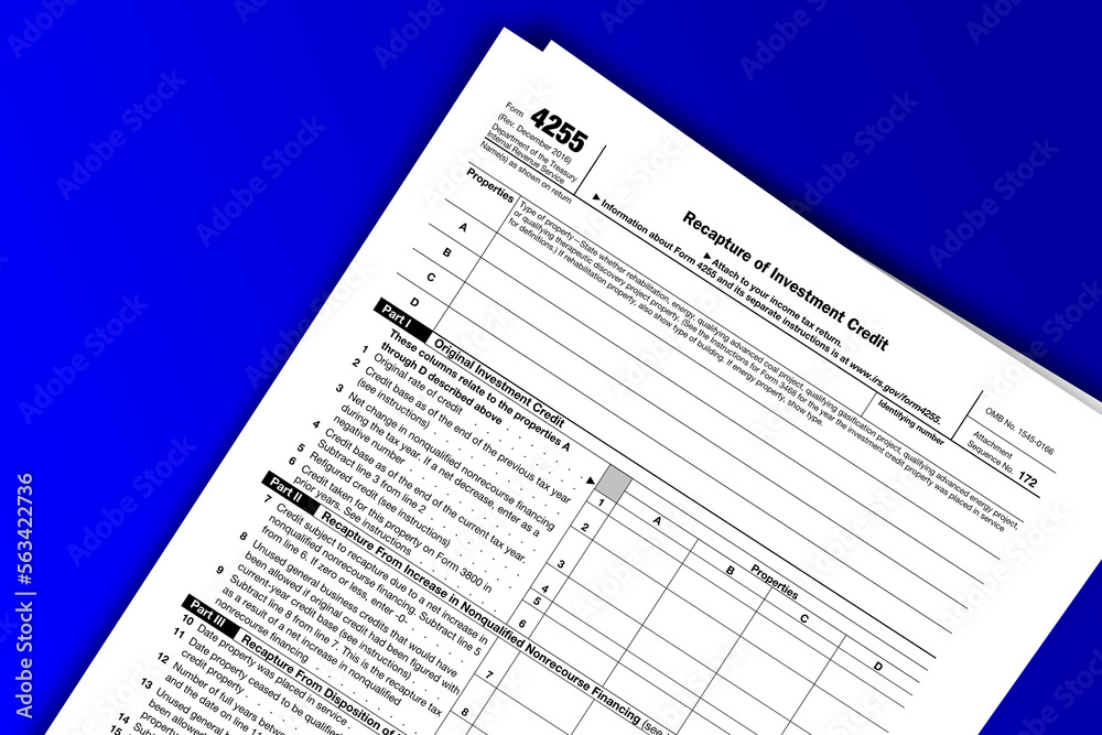 Form 4255 documentation published IRS USA 01.27.2017. American tax document on colored Form 4255 documentation published IRS USA 01.27.2017. American tax document on colored