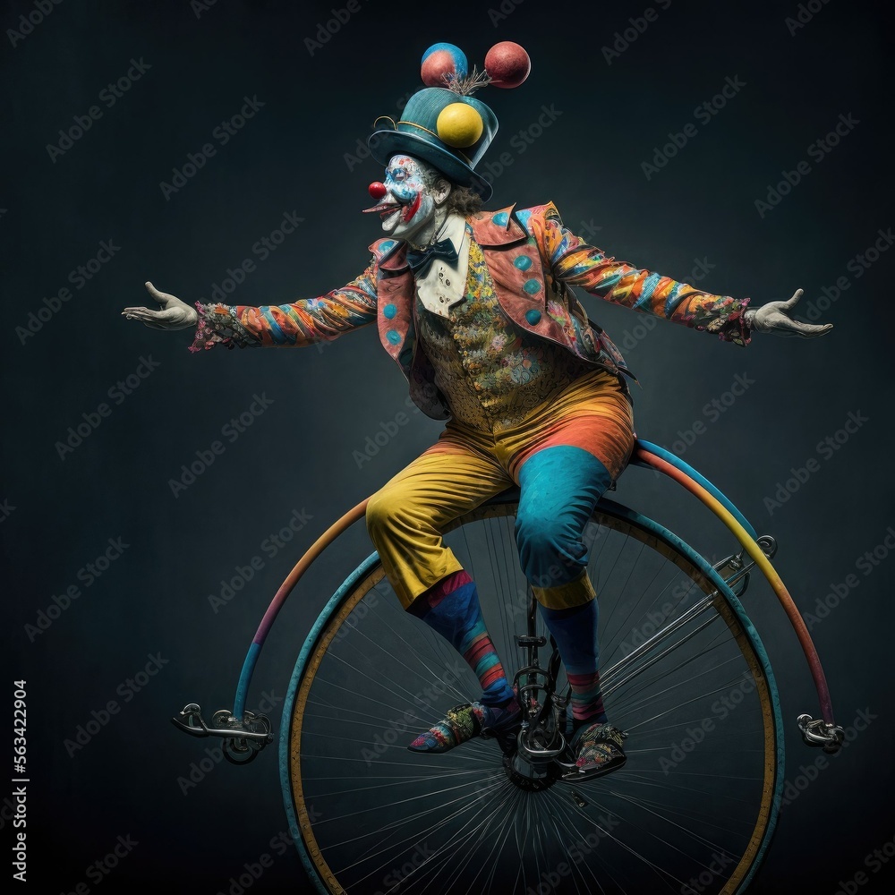 Circus in a clown dance on a unicycle, ai art Stock Illustration ...
