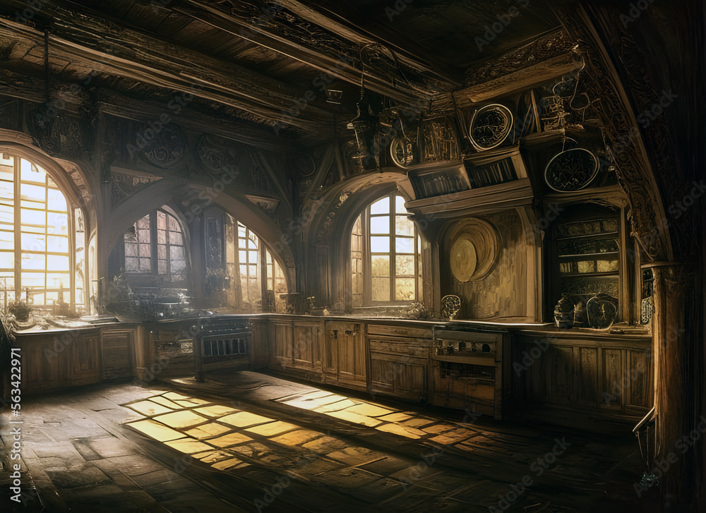 atmospheric painting of an old tudor period hall kitchen with plates and jars stacked on shelves and a wooden table in morning sunlight. generative ai art