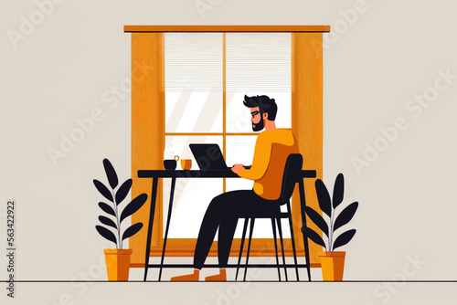 Man sitting at laptop and drinking coffee. Study or working at home concept.