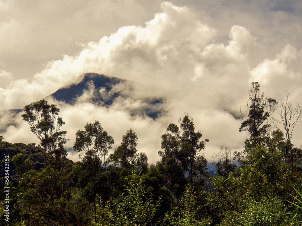 Dense clouds and mist half covering the Andean mountains at sunrise near the colonial town of Villa de Leyva in central Colombia. Dense clouds and mist half covering the Andean mountains at sunrise near the colonial town of Villa de Leyva in central Colombia.