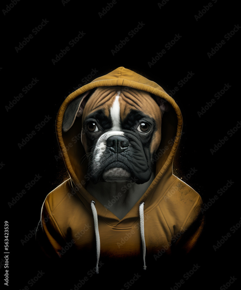  Boxer dog in a brown training hoody with expressive eyes, isolated on a dark background. Flashy fawn pet boxer dog was created with generative ai