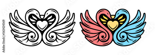 Love symbols. Tattoo with two swans wings and heart. Vector illustration