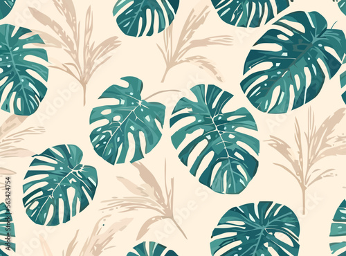 Tropical foliage background vector, elegant tropical monstera and palm leaves line art background, design illustration for decoration, wall decor, wallpaper, cover, banner, poster, card