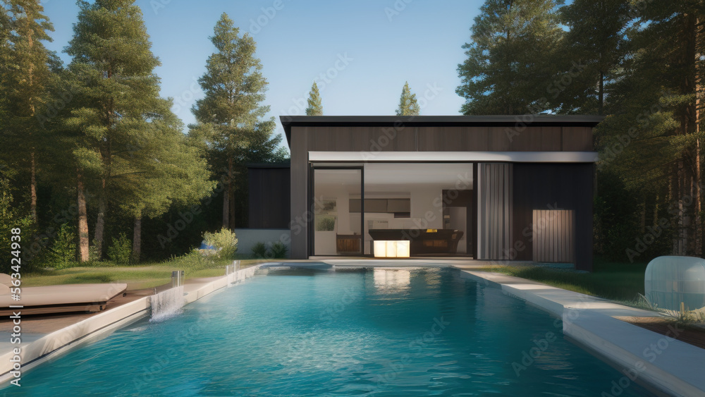 swimming pool in a house in the woods, Generative AI