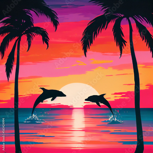 Tropical Sunset Dolphins, AI © TheOdd1 