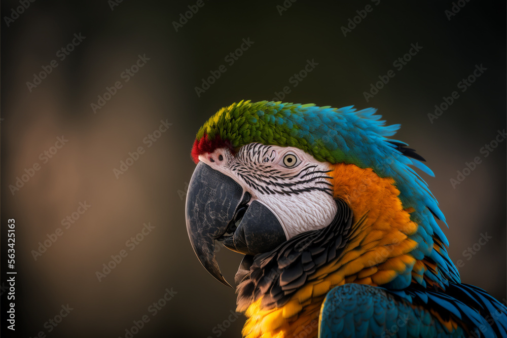 Fototapeta premium close up of a blue and yellow macaw, generative ai