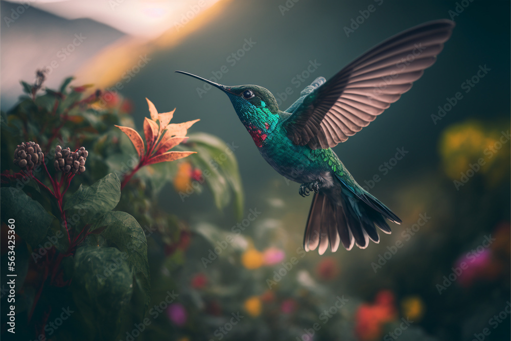 hummingbird feeding on flower, generative ai