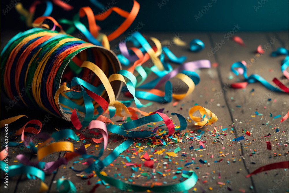 A table topped with lots of colorful streamers and, Generative Ai confetti A table topped with lots of colorful streamers and, Generative Ai confetti