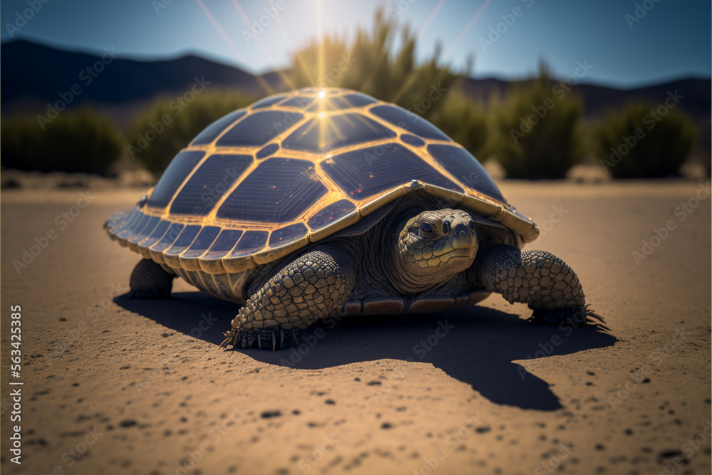 turtle on the sand with the shell of solar panels, generative ai