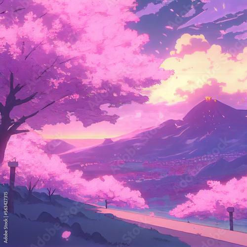 Japanese cherry blossom trees landscape, anime manga illustration © Alguien