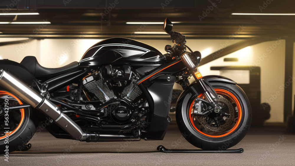 motorcycle in a dark garage, generic, Generative AI motorcycle in a dark garage, generic, Generative AI