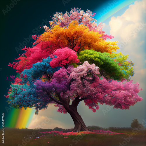 Rainbow tree, fantasy landscape and tree with rainbow colors illustration