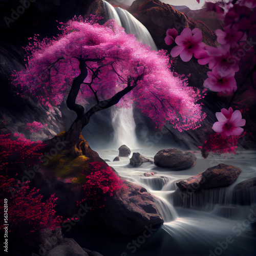Cherry blossom sakura tree with pink flowers and waterfall landscape illustration