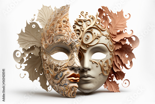 Two masquerade masks on a white background, Generative Ai