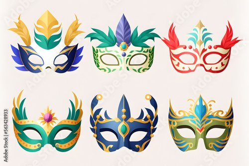 Set of carnival mask isolated on white background. Illustration. Vector illustration. With decorations. Generative AI  Generative  Artificial Intelligence