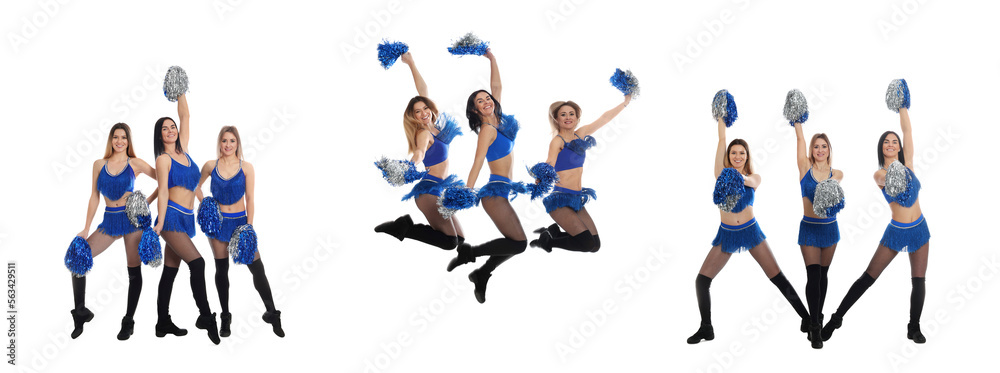 Collage with photos of beautiful happy cheerleaders with pom poms in uniform on white background