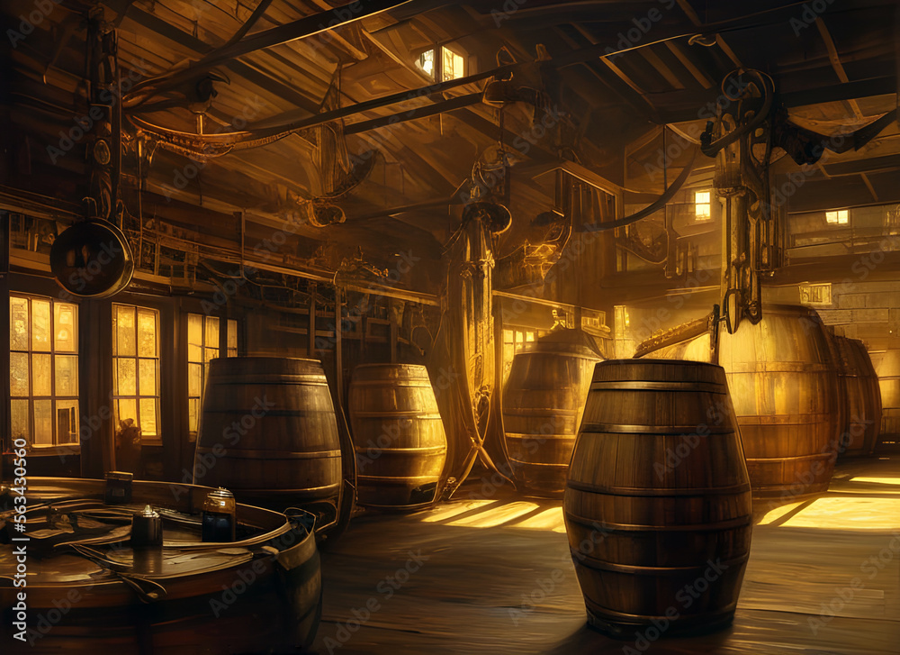 Painting of an old-fashioned Brewery filled with, containers and beer barrels. generative ai illustration - obrazy, fototapety, plakaty 
