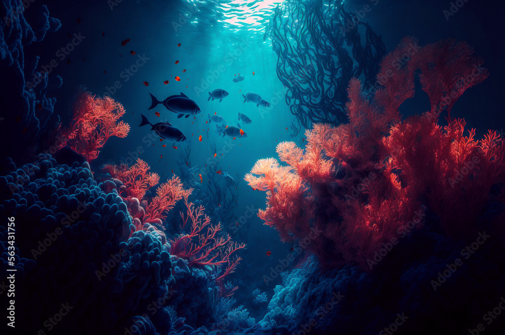 Underwater scene in Egypt. Colorful fish groups in Coral reef, clean ocean water. Dark mood, Generation AI