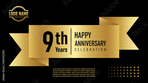 9 year anniversary. Anniversary template design concept with golden ribbon for anniversary celebration event, invitation card, greeting card, banner, poster, flyer, book cover. Vector Template