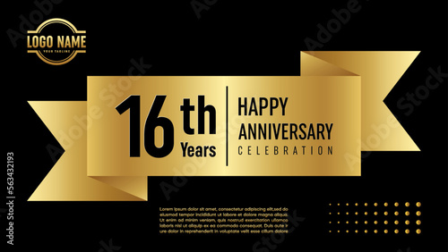 16 year anniversary. Anniversary template design concept with golden ribbon for anniversary celebration event, invitation card, greeting card, banner, poster, flyer, book cover. Vector Template