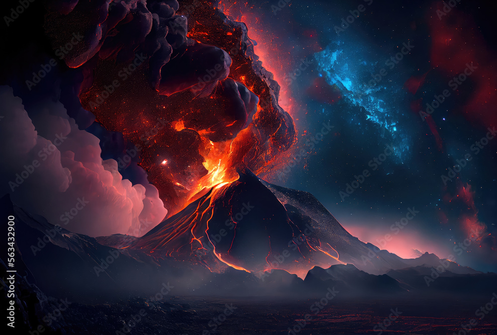 The volcano erupted with hot lava and black smoke covering the sky. Nature and disaster concept. Generative AI