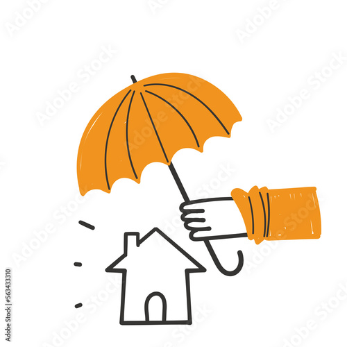 hand drawn doodle person holding umbrella for house symbol for house protection