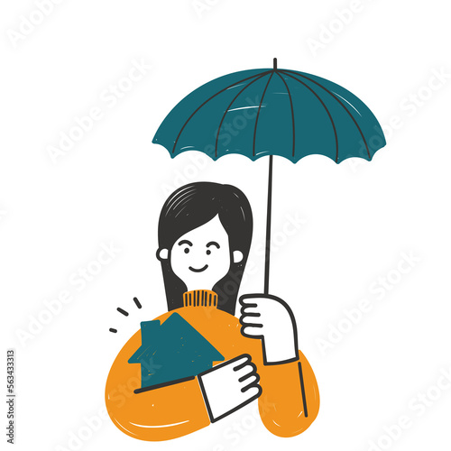 hand drawn doodle person holding umbrella for house symbol for house protection