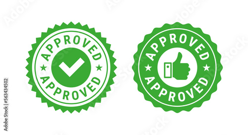 Approved green circle rubber seal stamp. Flat vector illustration isolated on white photo
