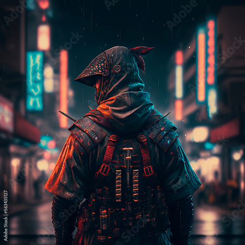 samurai in the street in the night, cyberpunk. Generative ai