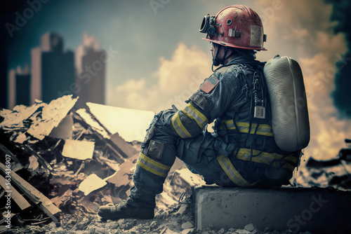 Foto Heroic Effort: A fireman exhausted and sad sitting on collapsed building rubble,