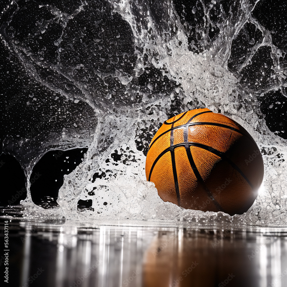 Isolated wet basketball ball partially submerged underwater with dramatic turbulent water splashes and bubbles against a black background with custom ball design produced by using Generative AI