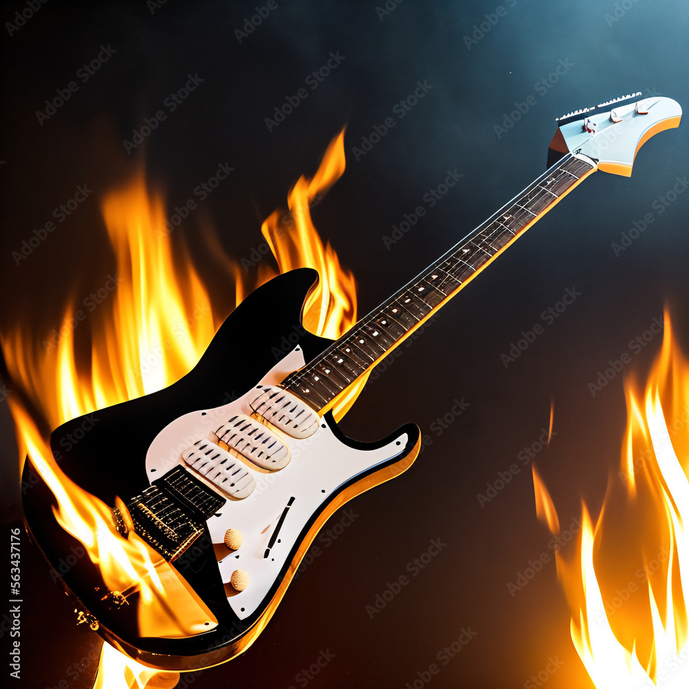 Isolated electric guitar burning with fiery orange flames in an inferno