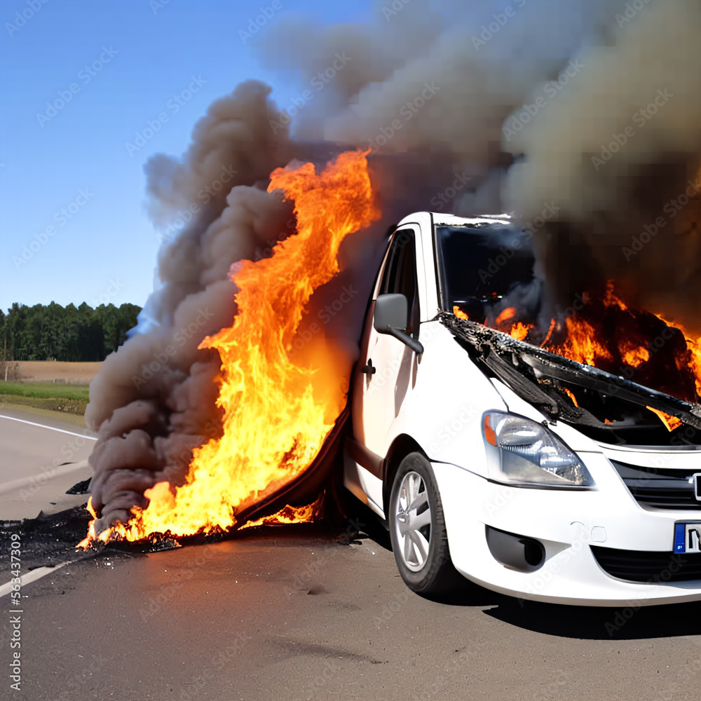 Car crash accident with fiery inferno on roadway with hot smoky flames scene of destruction with broken smashed car parts for metaphor for sudden catastrophic disaster produced by using Generative AI Car crash accident with fiery inferno on roadway with hot smoky flames scene of destruction with broken smashed car parts for metaphor for sudden catastrophic disaster produced by using Generative AI