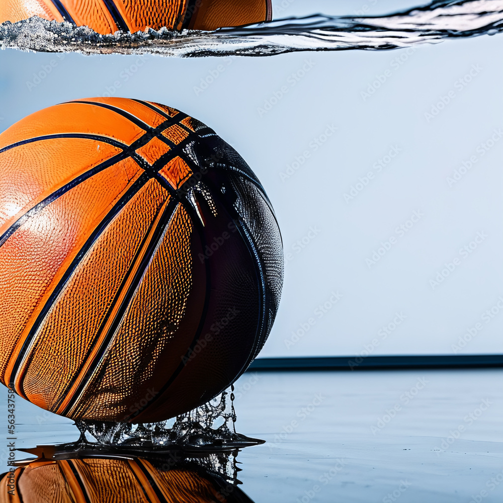 Isolated wet basketball ball partially submerged underwater with dramatic turbulent water