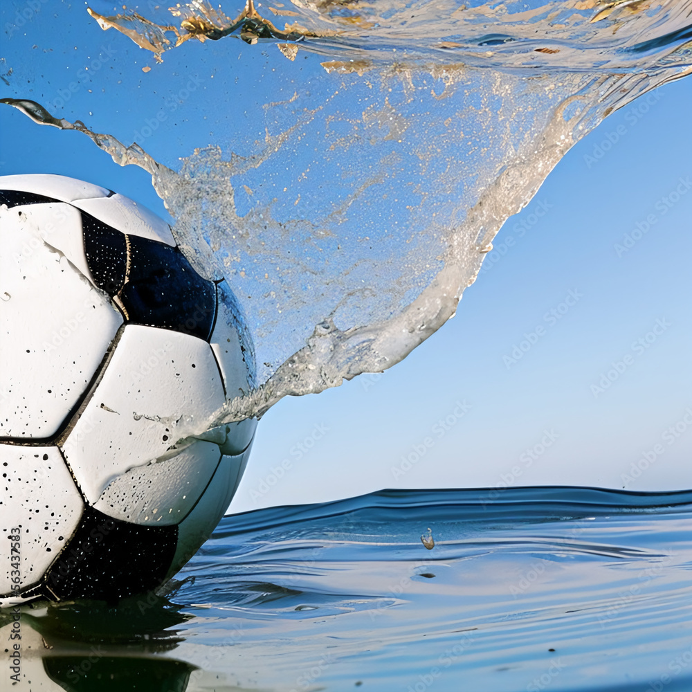 Isolated wet soccer ball partially submerged underwater with dramatic ...